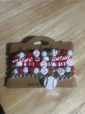 Baseball Charm Bracelets Set - Red, White, Gold Beads B282